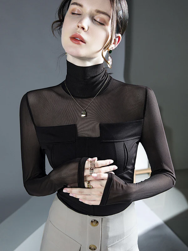 Long Sleeves Skinny See-Through Solid Color Split-Joint High Neck Blouses&Shirts Tops - Image 2