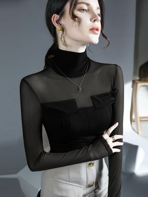 Long Sleeves Skinny See-Through Solid Color Split-Joint High Neck Blouses&Shirts Tops - Image 3