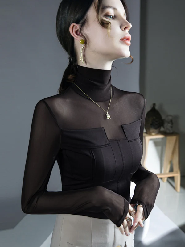 Long Sleeves Skinny See-Through Solid Color Split-Joint High Neck Blouses&Shirts Tops - Image 5