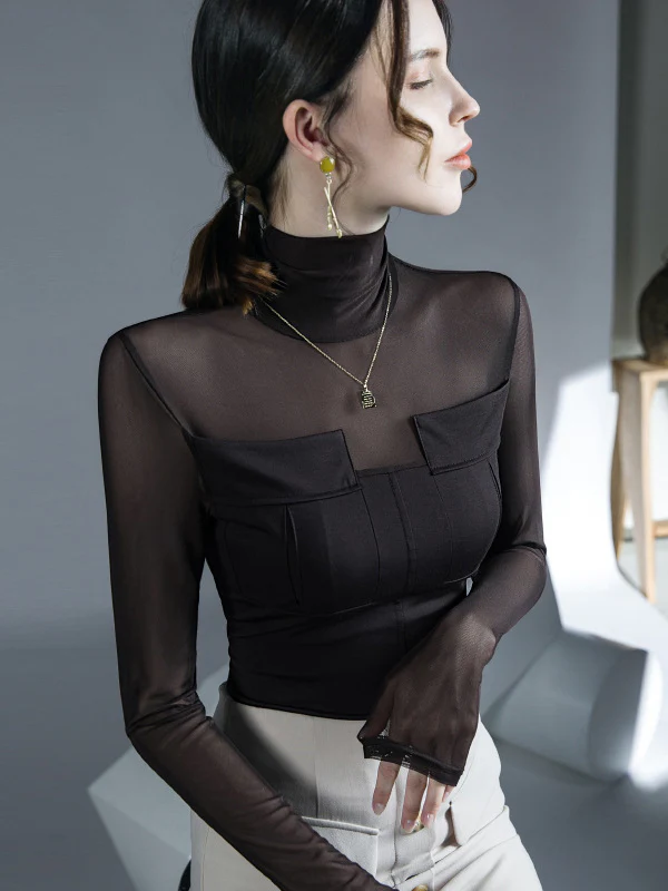 Long Sleeves Skinny See-Through Solid Color Split-Joint High Neck Blouses&Shirts Tops - Image 6