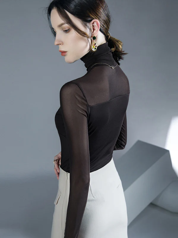 Long Sleeves Skinny See-Through Solid Color Split-Joint High Neck Blouses&Shirts Tops - Image 7