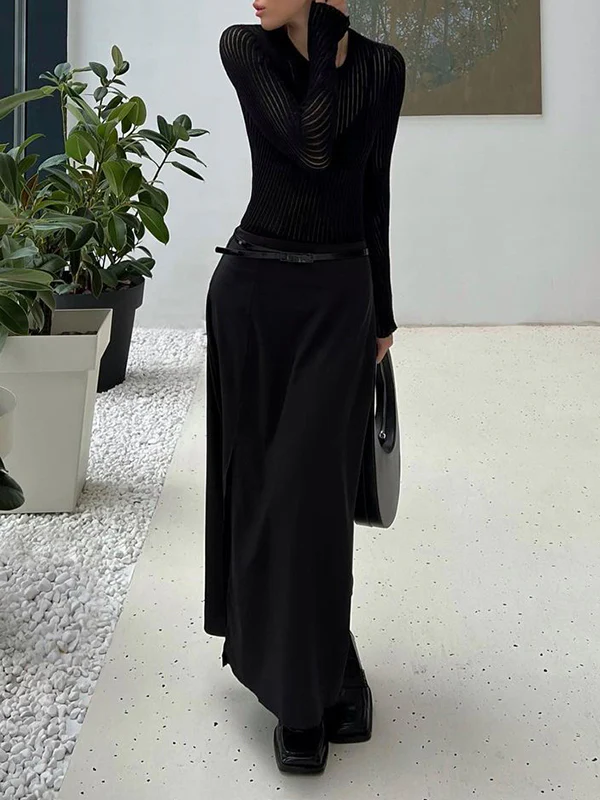 Long Sleeves Skinny See-Through Split-Joint Round-Neck T-Shirts - Image 11