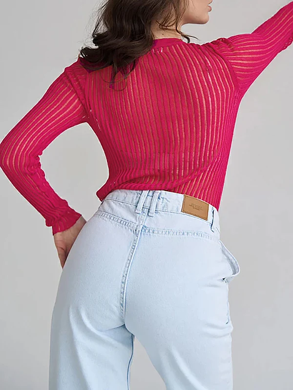 Long Sleeves Skinny See-Through Split-Joint Round-Neck T-Shirts - Image 6