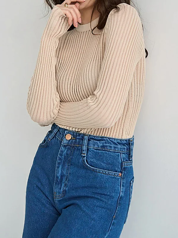 Long Sleeves Skinny See-Through Split-Joint Round-Neck T-Shirts - Image 7