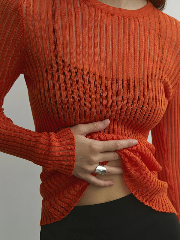 Long Sleeves Skinny See-Through Split-Joint Round-Neck T-Shirts - Image 9
