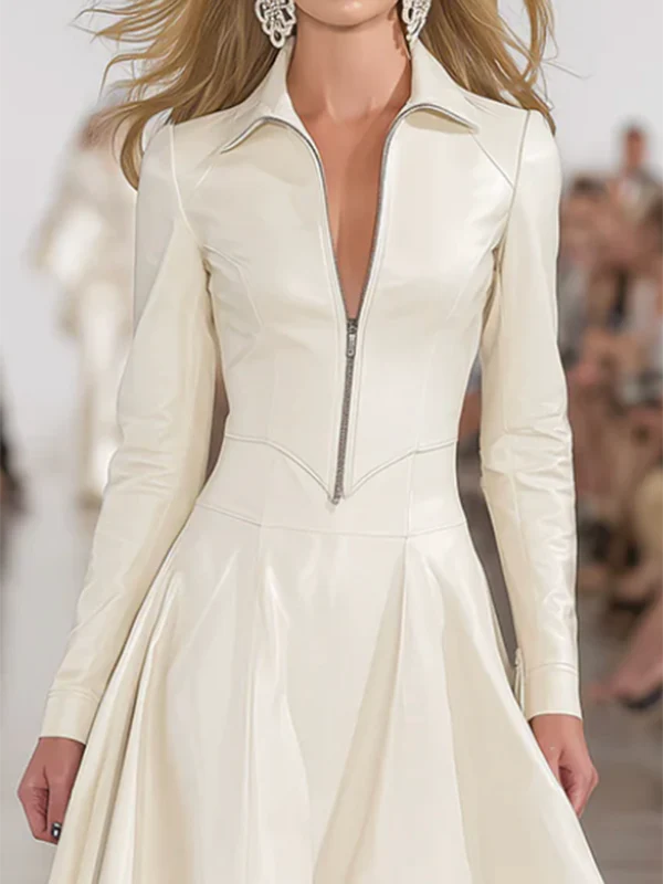 Long Sleeves Skinny Soft Zipper Lapel Midi Dresses - Image 2