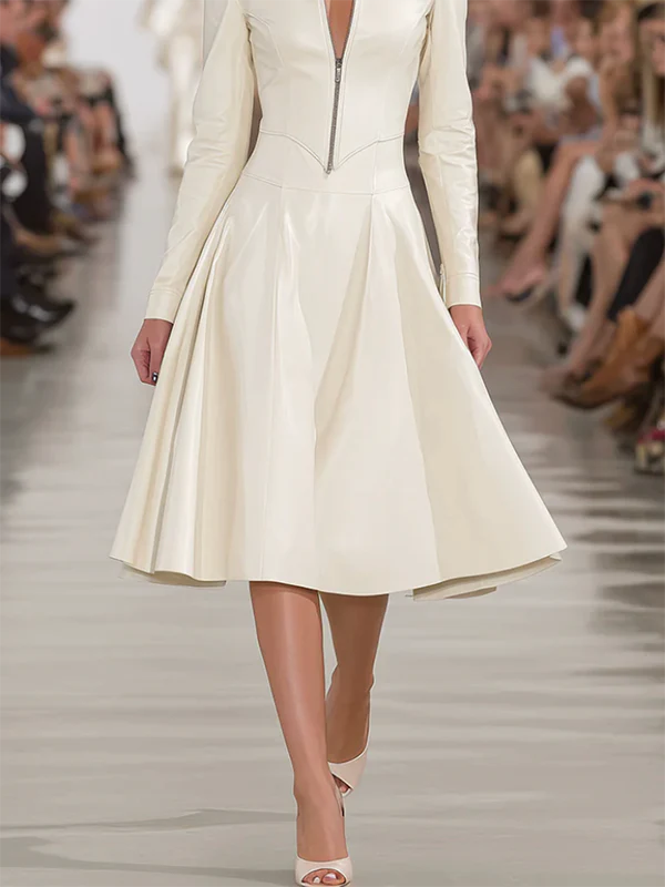 Long Sleeves Skinny Soft Zipper Lapel Midi Dresses - Image 3