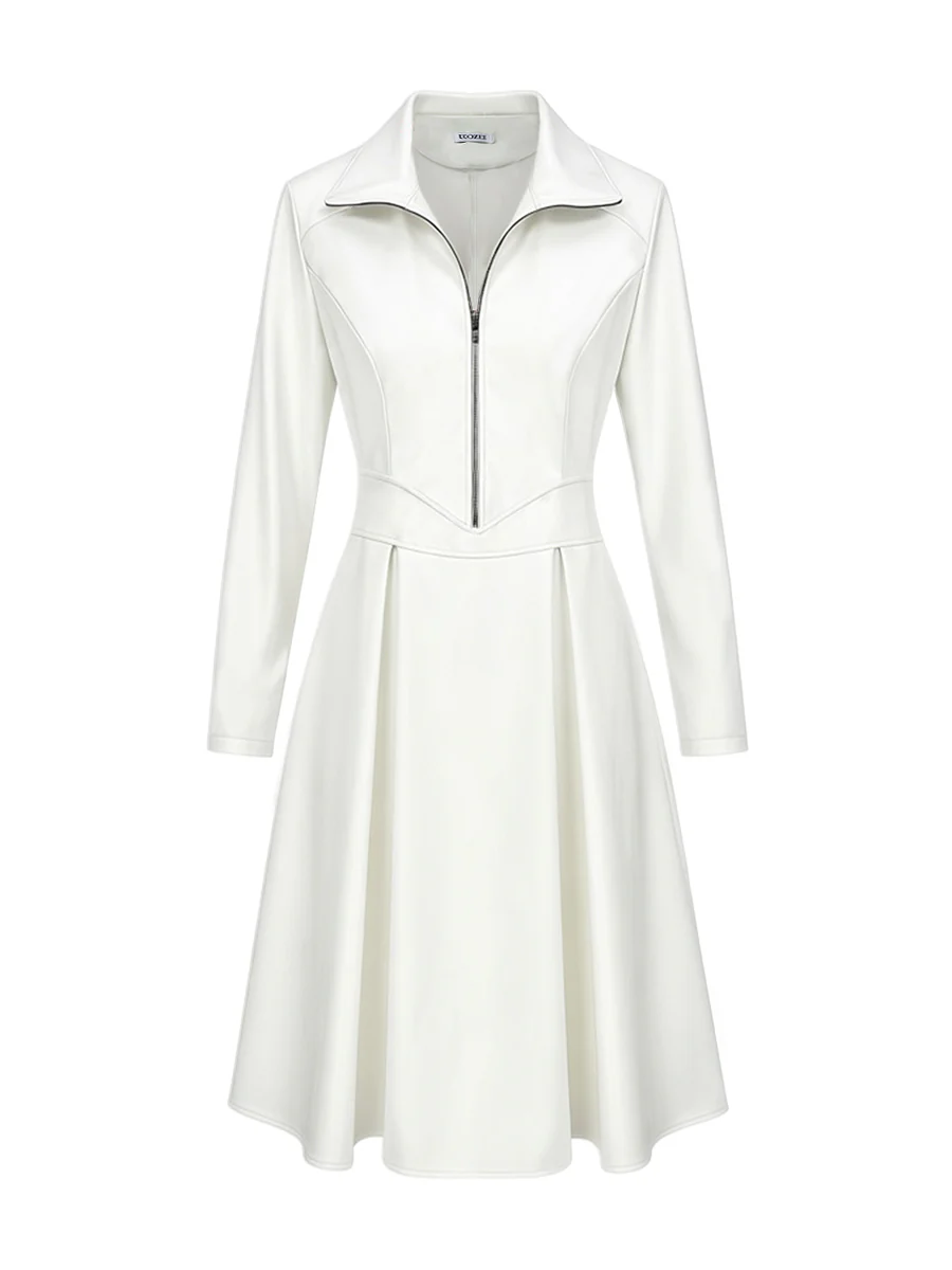 Long Sleeves Skinny Soft Zipper Lapel Midi Dresses - Image 4
