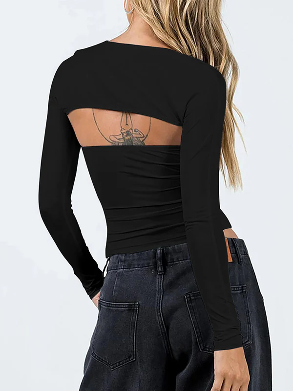 Long Sleeves Skinny Solid Color Collarless T-Shirts Tops - Image 12
