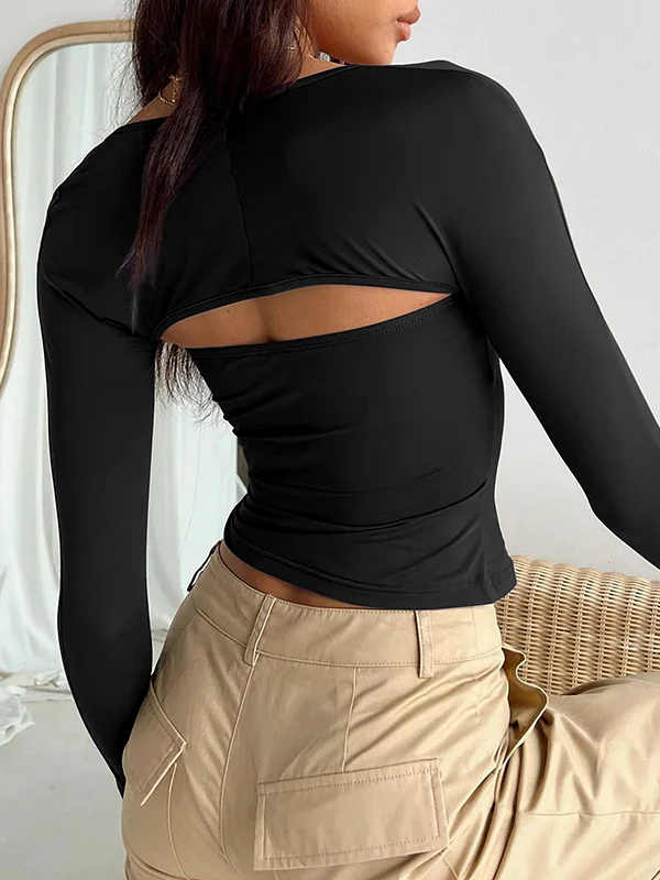 Long Sleeves Skinny Solid Color Collarless T-Shirts Tops - Image 13