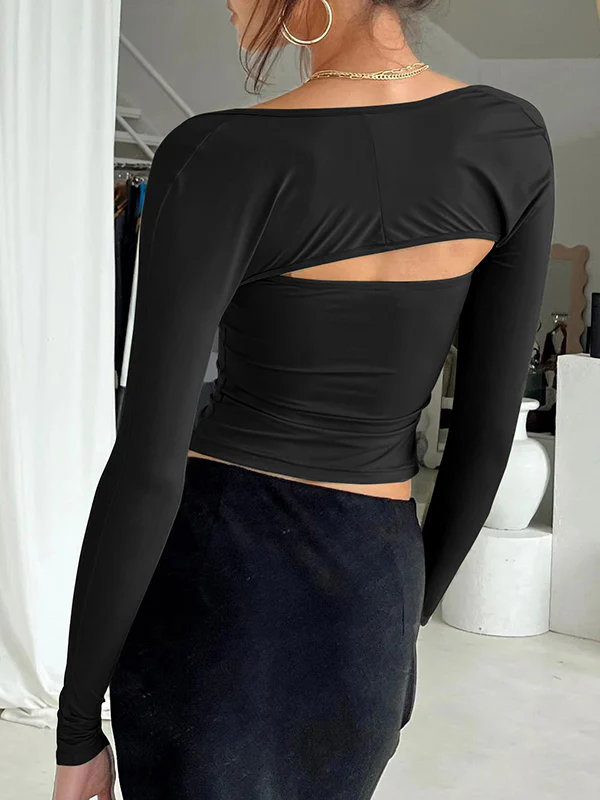 Long Sleeves Skinny Solid Color Collarless T-Shirts Tops - Image 14