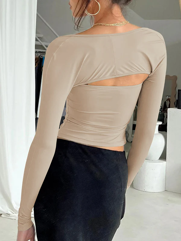 Long Sleeves Skinny Solid Color Collarless T-Shirts Tops - Image 16