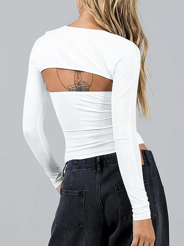 Long Sleeves Skinny Solid Color Collarless T-Shirts Tops - Image 17