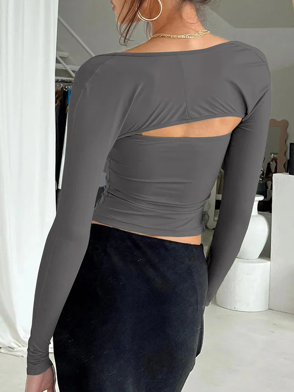 Long Sleeves Skinny Solid Color Collarless T-Shirts Tops - Image 20