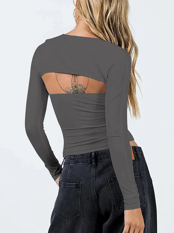 Long Sleeves Skinny Solid Color Collarless T-Shirts Tops - Image 21