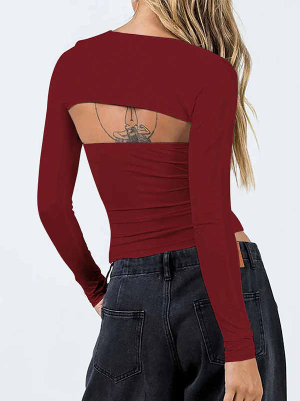 Long Sleeves Skinny Solid Color Collarless T-Shirts Tops - Image 23