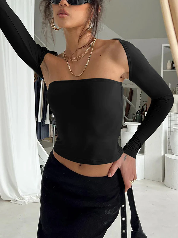 Long Sleeves Skinny Solid Color Collarless T-Shirts Tops - Image 4