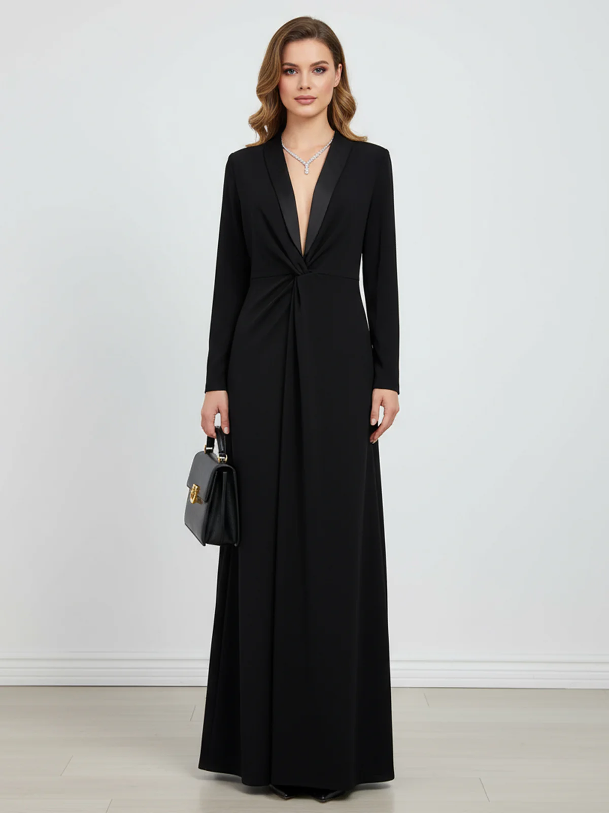Long Sleeves Skinny Solid Color Deep V-Neck Maxi Dresses - Image 2