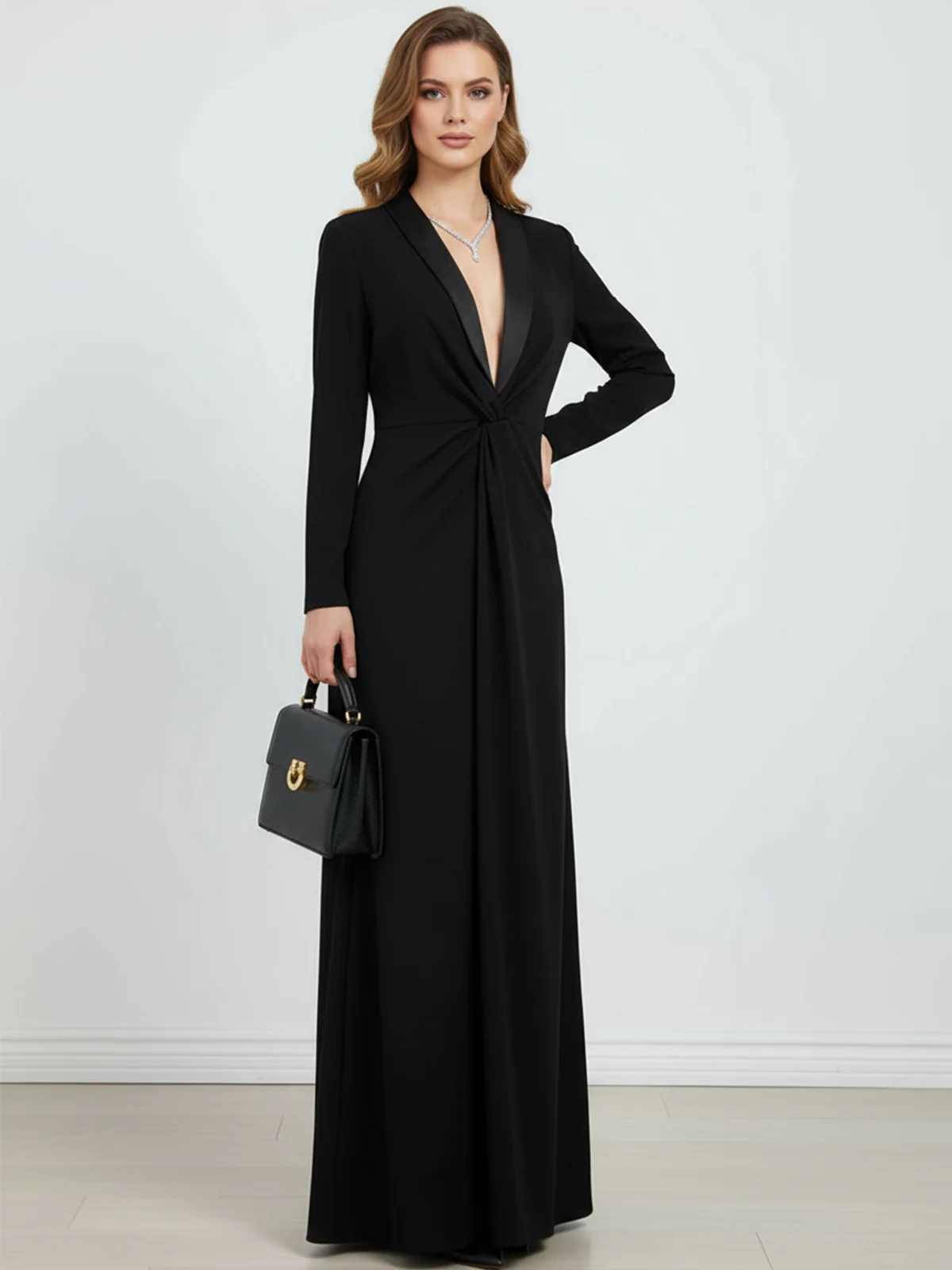 Long Sleeves Skinny Solid Color Deep V-Neck Maxi Dresses - Image 3