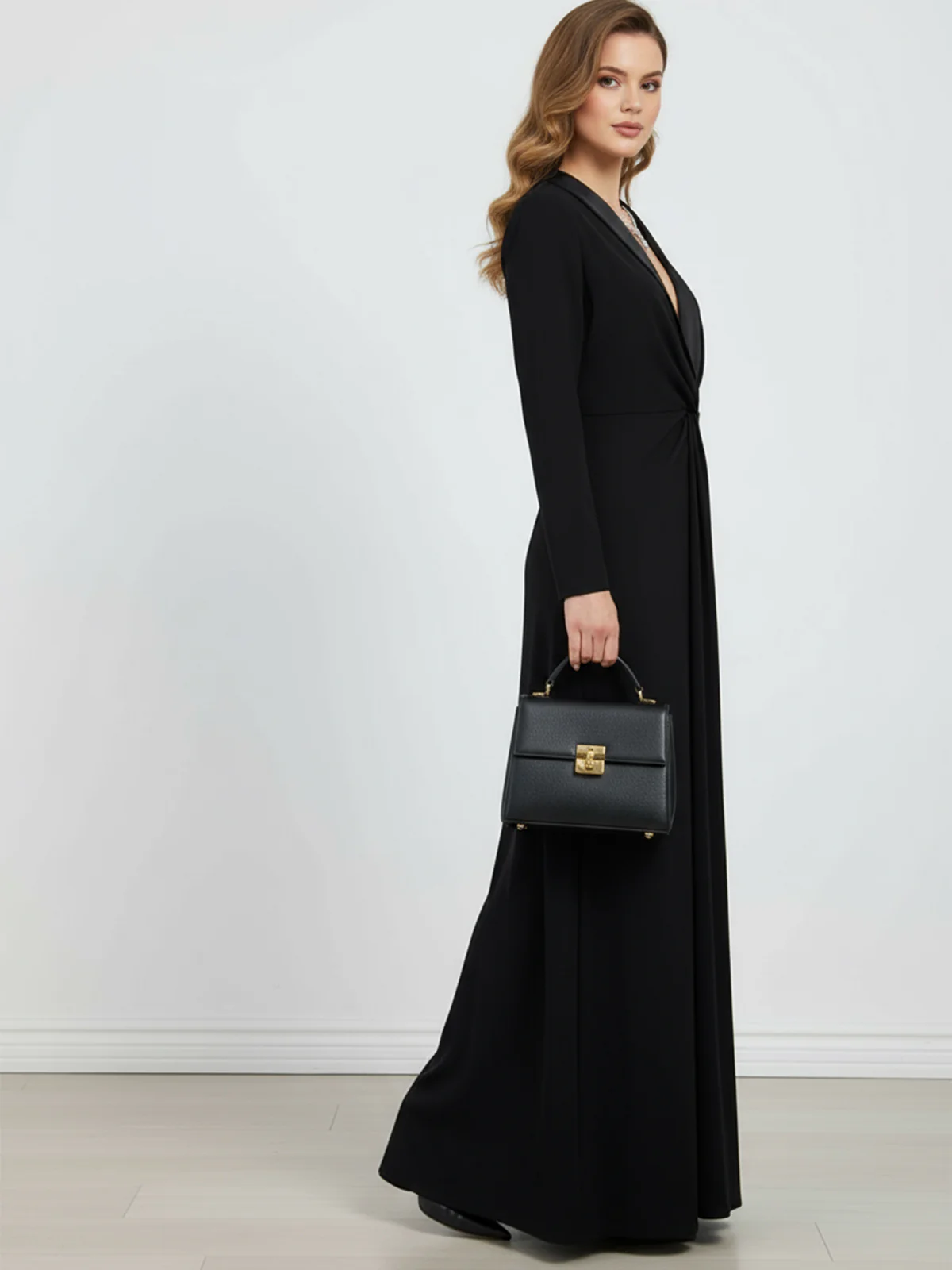 Long Sleeves Skinny Solid Color Deep V-Neck Maxi Dresses - Image 4