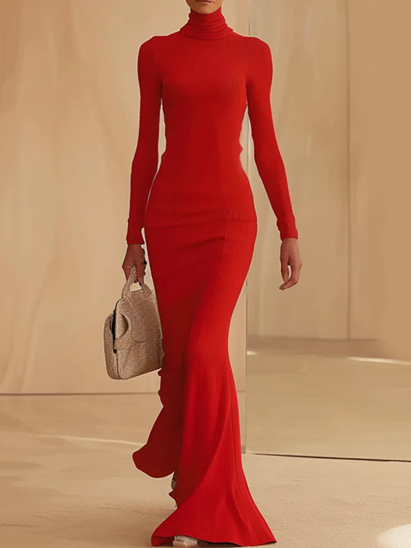 Long Sleeves Skinny Solid Color High Neck Maxi Dresses - Image 2