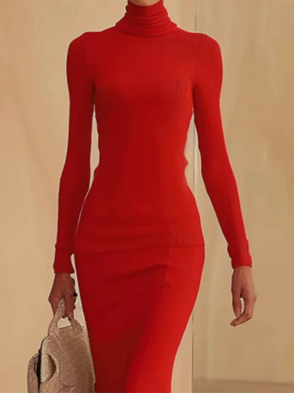 Long Sleeves Skinny Solid Color High Neck Maxi Dresses - Image 4