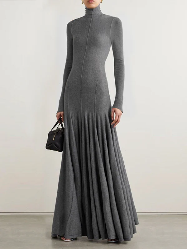 Long Sleeves Skinny Solid Color High Neck Maxi Dresses