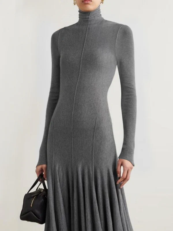 Long Sleeves Skinny Solid Color High Neck Maxi Dresses - Image 2