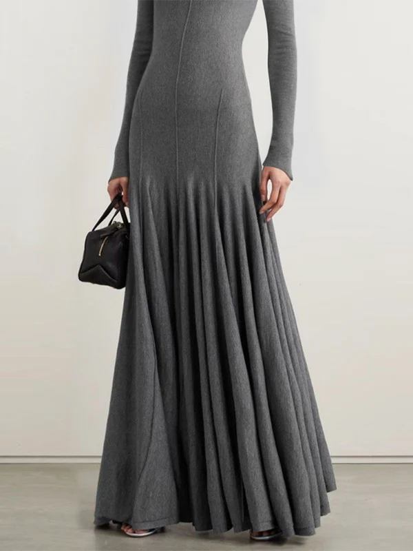 Long Sleeves Skinny Solid Color High Neck Maxi Dresses - Image 3