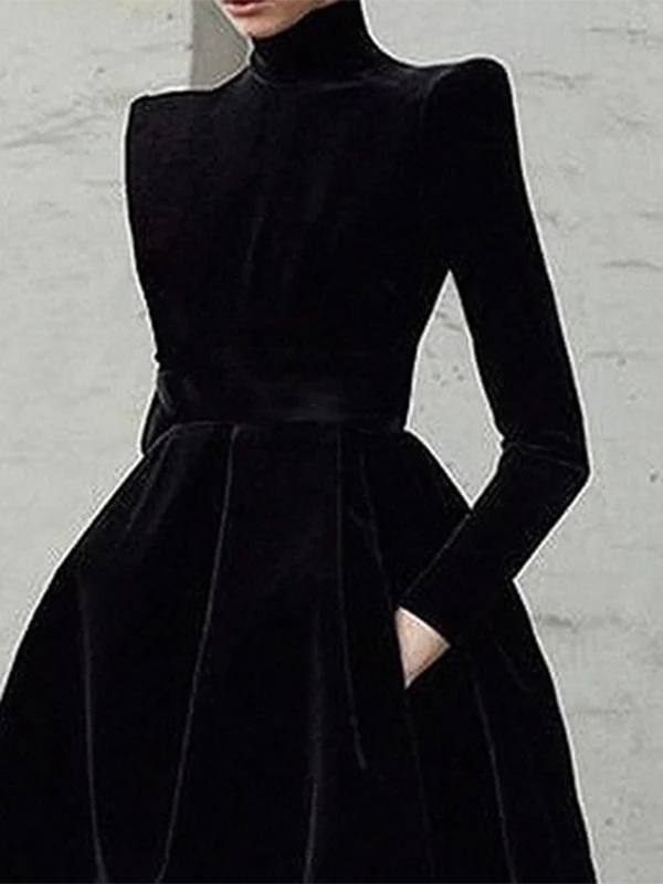 Long Sleeves Skinny Solid Color High Neck Midi Dresses - Image 2