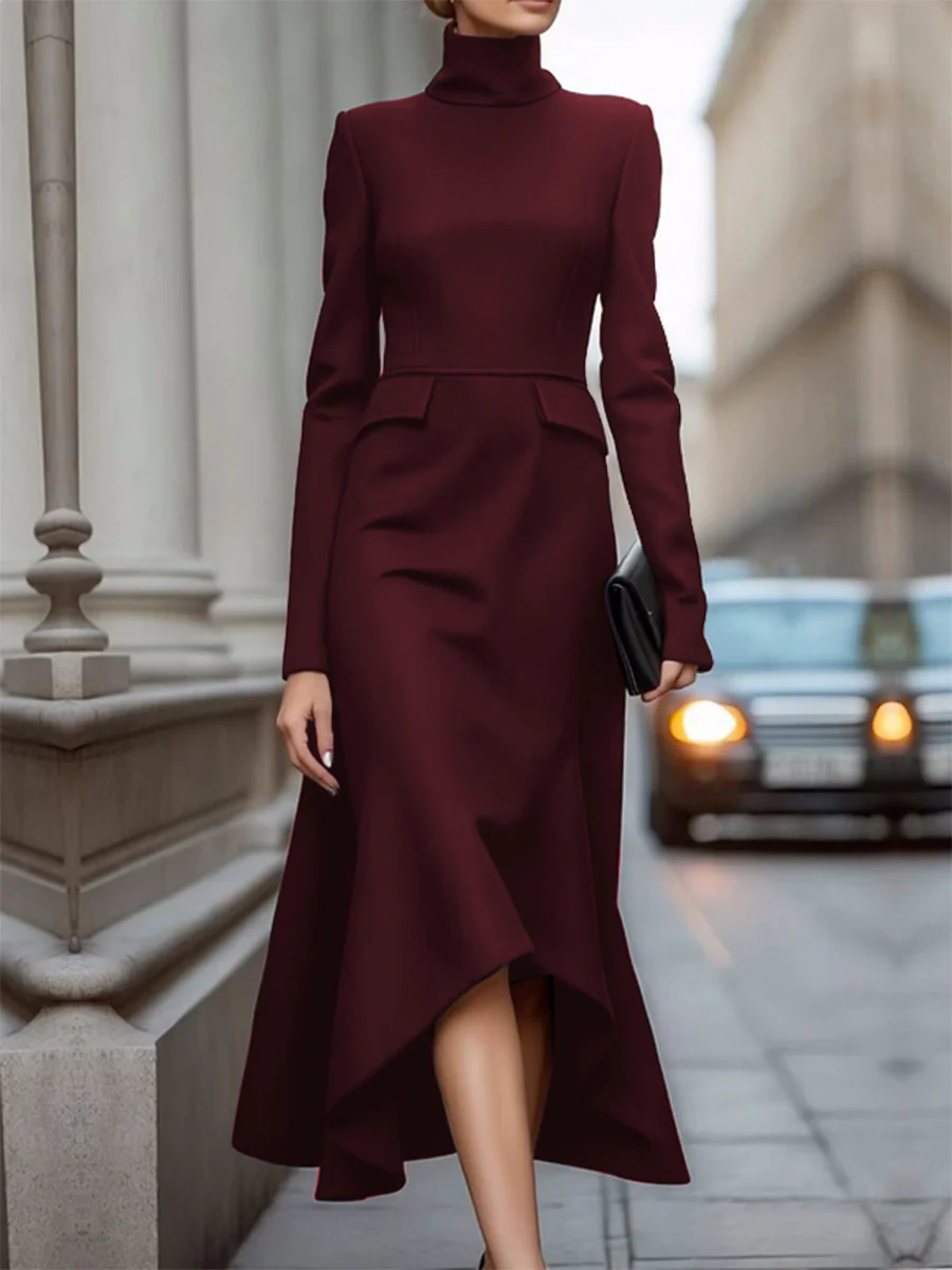 Long Sleeves Skinny Solid Color High Neck Midi Dresses - Image 3