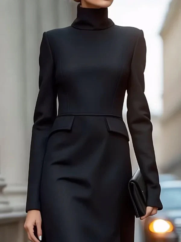 Long Sleeves Skinny Solid Color High Neck Midi Dresses - Image 4