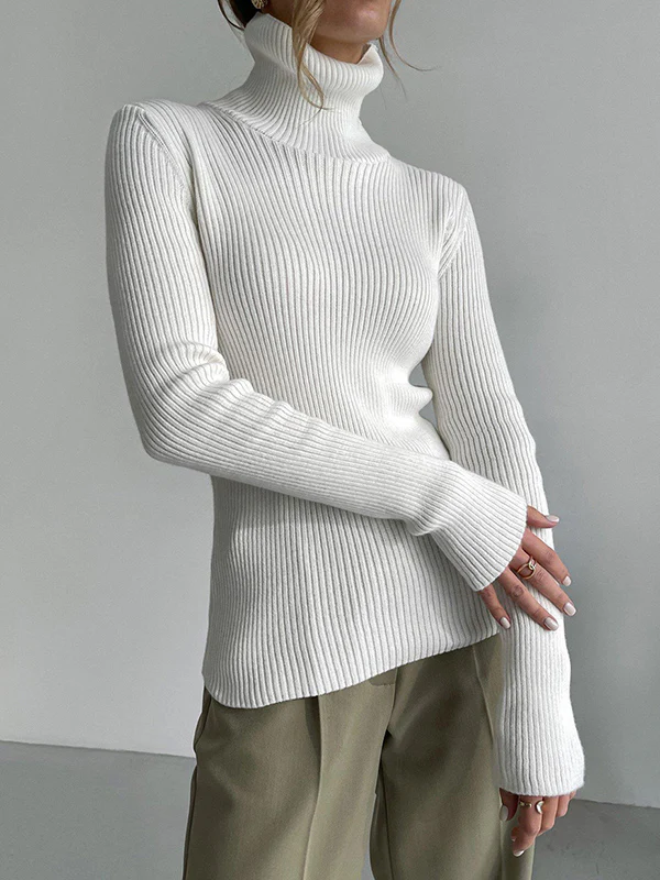 Long Sleeves Skinny Solid Color High Neck Pullovers Sweater Sweater Tops - Image 10
