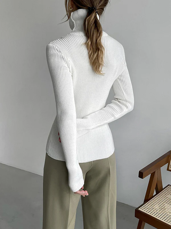 Long Sleeves Skinny Solid Color High Neck Pullovers Sweater Sweater Tops - Image 11