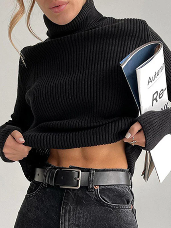 Long Sleeves Skinny Solid Color High Neck Pullovers Sweater Sweater Tops - Image 12