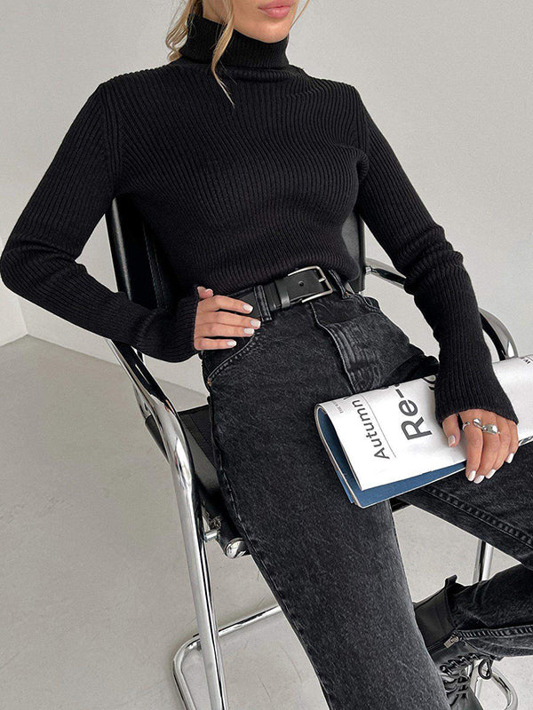 Long Sleeves Skinny Solid Color High Neck Pullovers Sweater Sweater Tops - Image 13