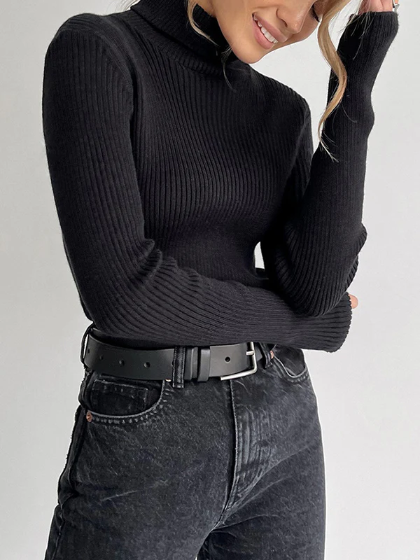 Long Sleeves Skinny Solid Color High Neck Pullovers Sweater Sweater Tops - Image 14