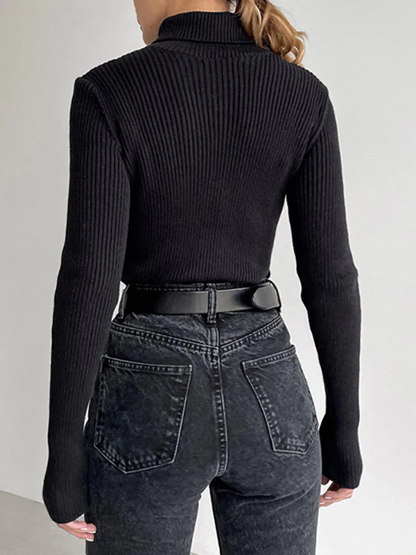 Long Sleeves Skinny Solid Color High Neck Pullovers Sweater Sweater Tops - Image 15