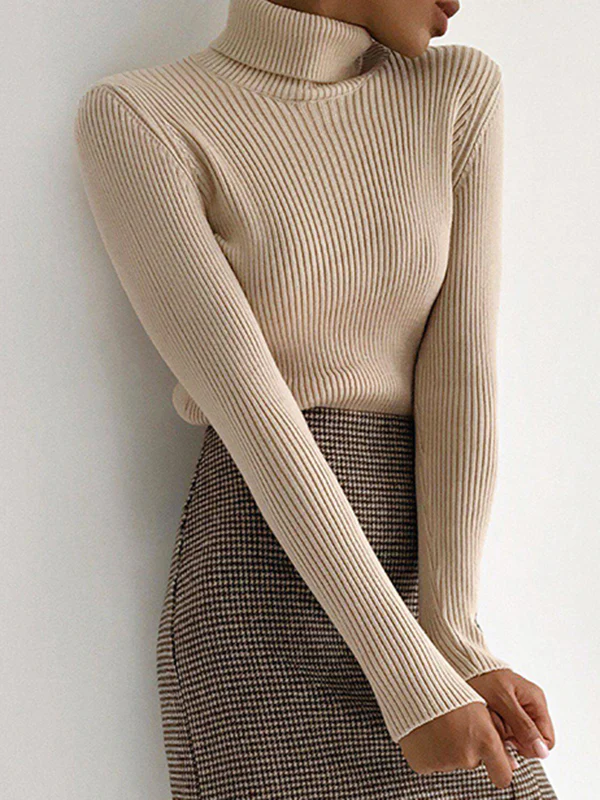 Long Sleeves Skinny Solid Color High Neck Pullovers Sweater Sweater Tops - Image 16
