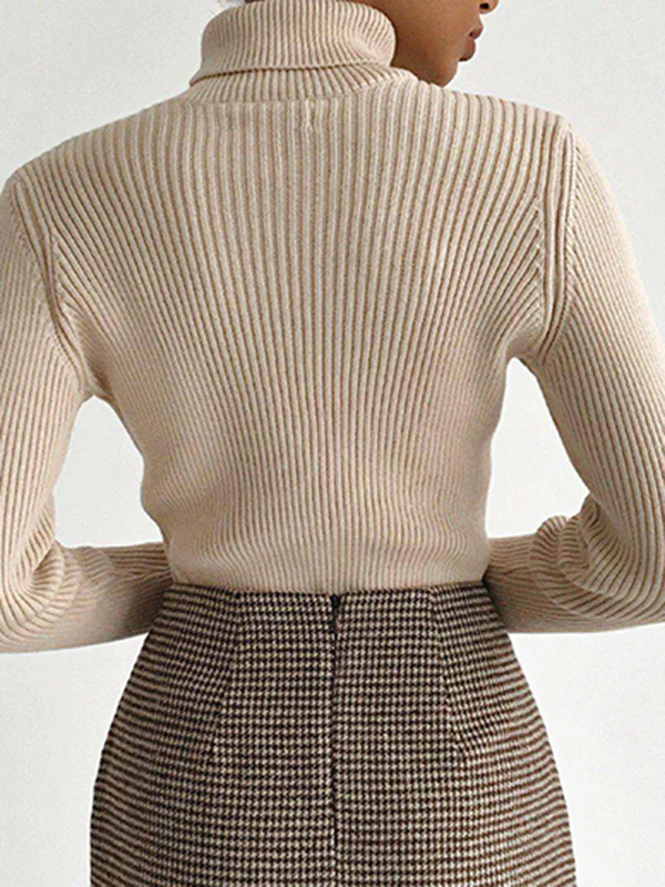 Long Sleeves Skinny Solid Color High Neck Pullovers Sweater Sweater Tops - Image 18