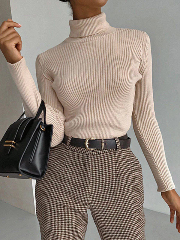 Long Sleeves Skinny Solid Color High Neck Pullovers Sweater Sweater Tops - Image 2