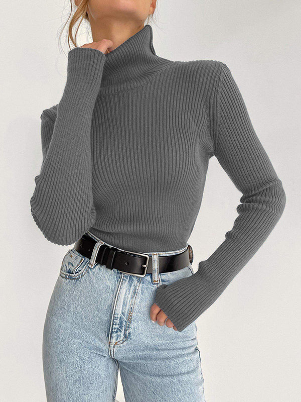Long Sleeves Skinny Solid Color High Neck Pullovers Sweater Sweater Tops - Image 3