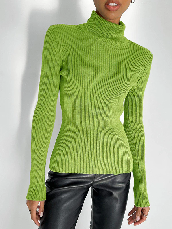 Long Sleeves Skinny Solid Color High Neck Pullovers Sweater Sweater Tops - Image 5