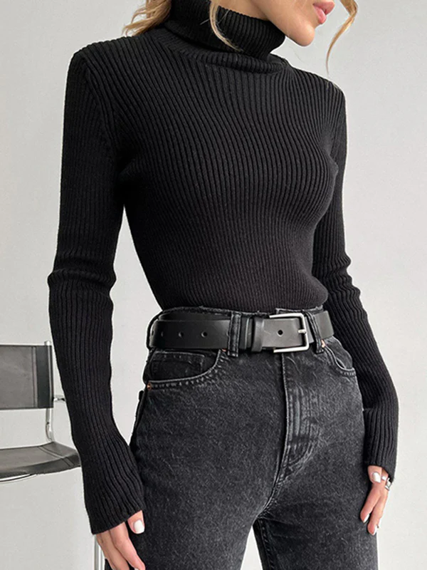 Long Sleeves Skinny Solid Color High Neck Pullovers Sweater Sweater Tops - Image 7