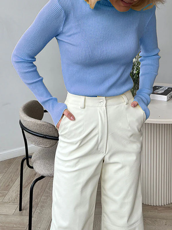 Long Sleeves Skinny Solid Color High Neck Pullovers Sweater Sweater Tops - Image 8