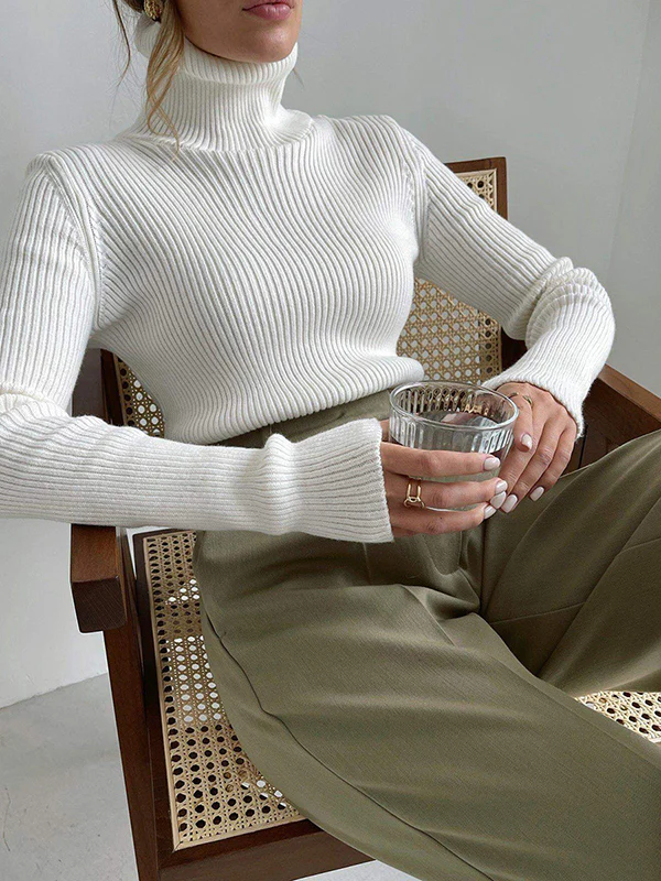 Long Sleeves Skinny Solid Color High Neck Pullovers Sweater Sweater Tops - Image 9