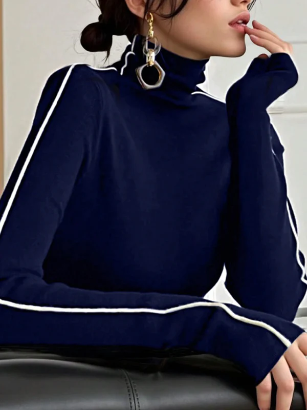 Long Sleeves Skinny Solid Color High Neck T-Shirts Tops - Image 2