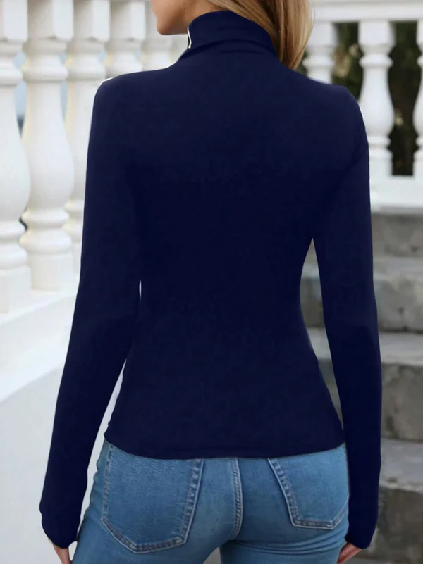 Long Sleeves Skinny Solid Color High Neck T-Shirts Tops - Image 4