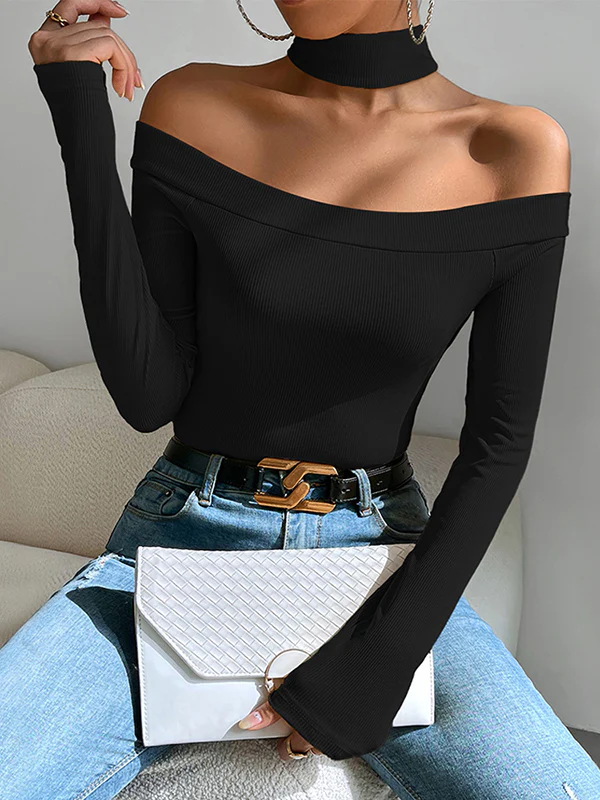 Long Sleeves Skinny Solid Color Off-The-Shoulder T-Shirts Tops - Image 2