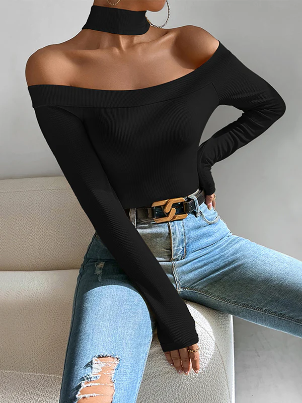 Long Sleeves Skinny Solid Color Off-The-Shoulder T-Shirts Tops - Image 3